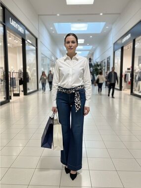 Karen Kane Dark Blue Wide-Leg Animal Elegance Jeans with Cheetah Tie Belt